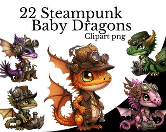 Steampunk Baby Dragon Clipart Bundle, Watercolor Art, Cute Dragon PNG, Digital Chibi Dragon PNG, Mythological Creature, Sci-fi Animal