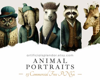 Animal Portrait Clipart Bundle, Watercolor Art, Human Animal PNG, Digital, Animal Dressed as Person, Racoon Llama Elephant Giraffe Cow Owl