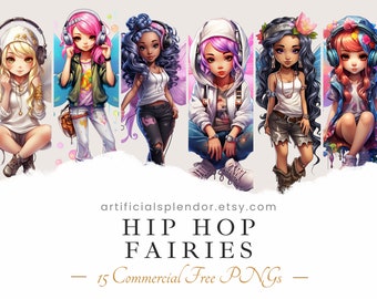Hip Hop Fairy Clipart Bundle, Digital Rapper Girl, Butterfly Fairy, Urban Fairy Girl Wearing Headphones, Angel Wings, Cute Fairies PNG