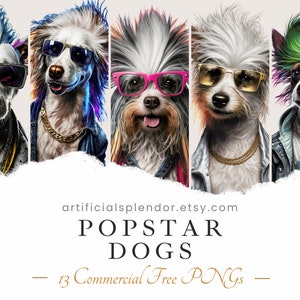 Popstar Dog Clipart Bundle, Watercolor Art, Human Animal PNG, Digital Boy Band Punk Rocker Singer Dressed as Person Realistic Canine in Band