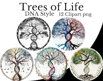 Drzewo Życia (Styl DNA) Clipart Bundle, Akwarela PNG, Przezroczyste Tło Helisy DNA, Element Drzewa Genealogicznego, Nauka Medyczna Ojcostwo