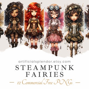 スチームパンク妖精クリップアートバンドル、デジタルSF蝶妖精、スチームパンクガール、機械妖精天使の羽、水彩かわいい妖精PNG