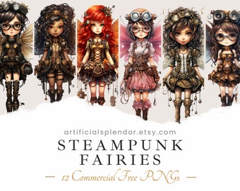 Steampunk Fairy Clipart Bundle, Digital Sci-fi Butterfly Fairy, Steampunk Girl, Mechanical Fairy Angel Wings, Watercolor Cute Fairies PNG