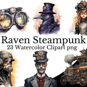 Raven Black Steampunk Clipart Bundel, Steampunk Aquarel Kunst Digitale Steampunk PNG Transparante Achtergrond, Gratis Commercieel Gebruik, Vintage