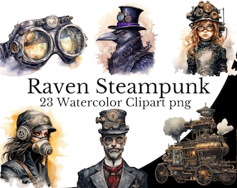 Raven Black Steampunk Clipart Bundle, Steampunk Watercolor Art Digital Steampunk PNG Transparent Background, Free Commercial Use, Vintage