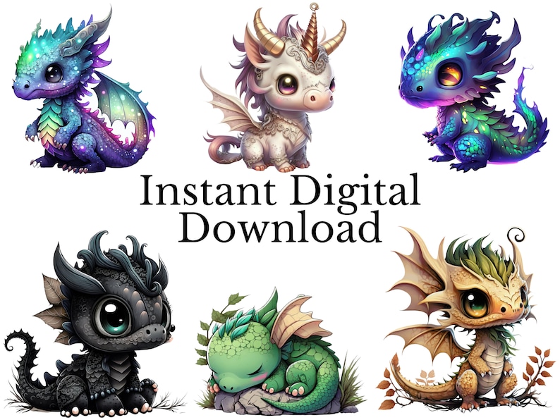Baby Dragon Clipart Bundle, Watercolor Art, Fantasy Cute Dragon PNG ...