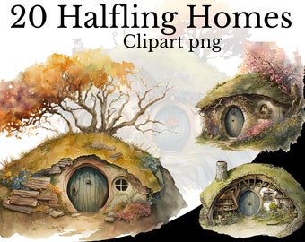 Halfling Home Clipart, Watercolor Art, Halfling houses PNG, Digital Fantasy Art, Scrapbooking, Journal, Transparent Background, Cottage Art
