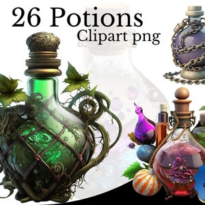 Potion Clipart Bundle, aquarelle PNG, RPG article Art, fond Transparent, élément de bouteille de Potion, Magic Witch Love Potion Poison Fantasy