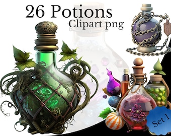 Potion Clipart Bundle, Watercolor PNG, RPG Item Art, Transparent Background, Potion Bottle Element, Magic Witch Love Potion Poison Fantasy