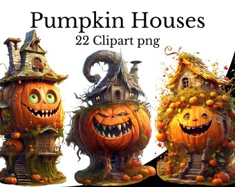 Klipart z dyniowym domem: 22 cyfrowe akwarele na Halloween w formacie PNG (5 x 7,5 cala)