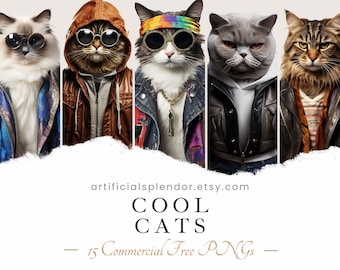 Cat Clipart Bundle Watercolor Cat Art Cool Cat PNG Digital Tabby Dressed as Person Realistic Cat Fancy Feline Wearing Glasses Hip Cat Style
