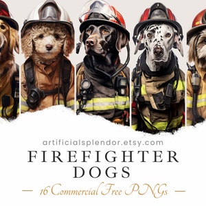 Paquete de imágenes prediseñadas de perro bombero, uso comercial gratuito, perro bombero con equipo de extinción de incendios, PNG animal, canino dálmata digital en casco