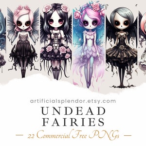 Undead Fairy Clipart Bundel, Digitale Zombie Goth Girl, Halloween Butterfly Fairy, Griezelig Skeleton Fairy Vrouw, Bat Wings, Schattige Feeën PNG