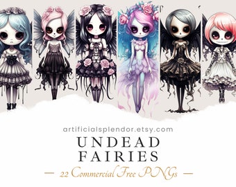 Undead Fairy Clipart Bundle, Digital Zombie Goth Girl, Halloween Butterfly Fairy, Creepy Skeleton Fairy Female, Bat Wings, Cute Fairies PNG