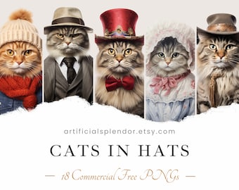 Cat Clipart Bundle PNG Cat in Hat Watercolor Art Animal PNG Cat Wearing Top Hat Digital Pet Dressed as Person Realistic Cat Art Fancy Feline