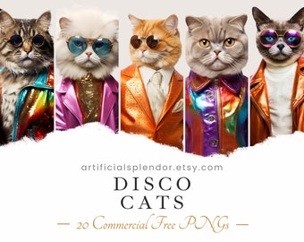 Disco Cat Clipart Bundle Watercolor Cat Art Animal PNG Dancer Cat Dressed as Person Realistic Feline Kitten Wearing Glasses Funny Cat Images