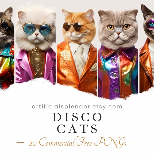 Disco Cat Clipart Bundle Watercolor Cat Art Animal PNG Dancer Cat Dressed as Person Realistic Feline Kitten Wearing Glasses Funny Cat Images