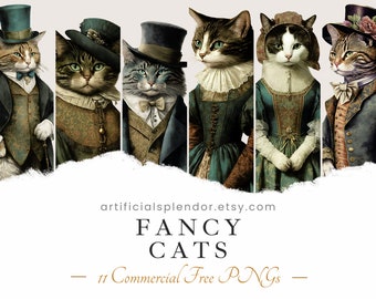 Fancy Cat Clipart Bundle, Watercolor Art Human Animal PNG, Digital, Animal Dressed as Person Vintage Victorian Cat Portrait Feline Painting