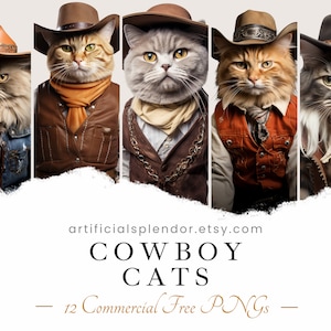 Cowboy Katze Clipart Bundle Land Western Tier PNG Wilder Westen digitale Katze gekleidet als Cowboy realistische katzenartige lustige Katze, die Cowboyhut trägt