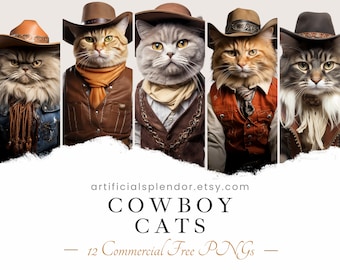 Cowboy Cat Clipart Bundle Country Western Animal PNG Wild West Digital Cat Dressed as Cowboy Realistic Feline Funny Cat Wearing Cowboy Hat