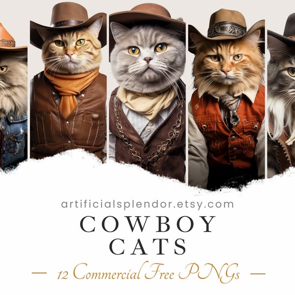 Cowboy Cat Clipart Bundle Country Western Animal PNG Wild West Digital Cat Dressed as Cowboy Realistic Feline Funny Cat Wearing Cowboy Hat