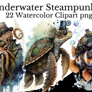 Paquete de imágenes prediseñadas Steampunk bajo el agua, Arte de acuarela, Animal PNG, Criaturas marinas digitales Retrato náutico del océano vintage Pintura de la vida marina