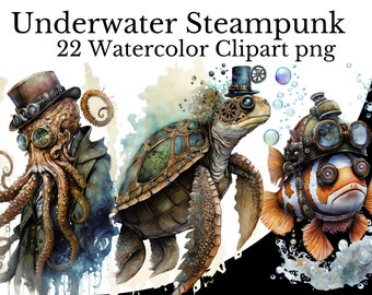 Underwater Steampunk Clipart Bundle, Watercolor Art, Animal PNG, Digital Sea Creatures Nautical Vintage Ocean Portrait Sea Life Painting