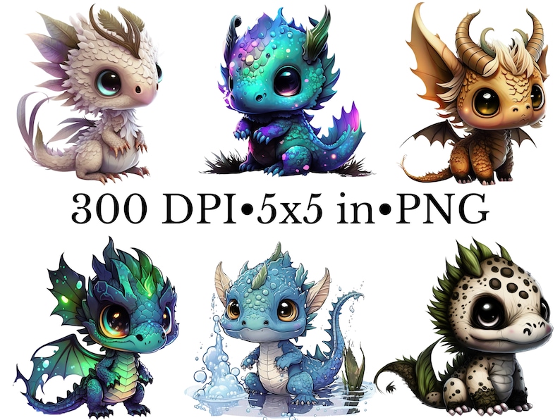 Baby Dragon Clipart Bundle, Watercolor Art, Fantasy Cute Dragon PNG ...