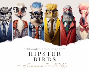 Hipster Bird Clipart Bundle, Cyfrowa sztuka ptaków, Ludzkie zwierzę PNG, Zwierzę przebrane za osobę, Realistyczna sztuka ptaków, Fantazyjny ptak w okularach