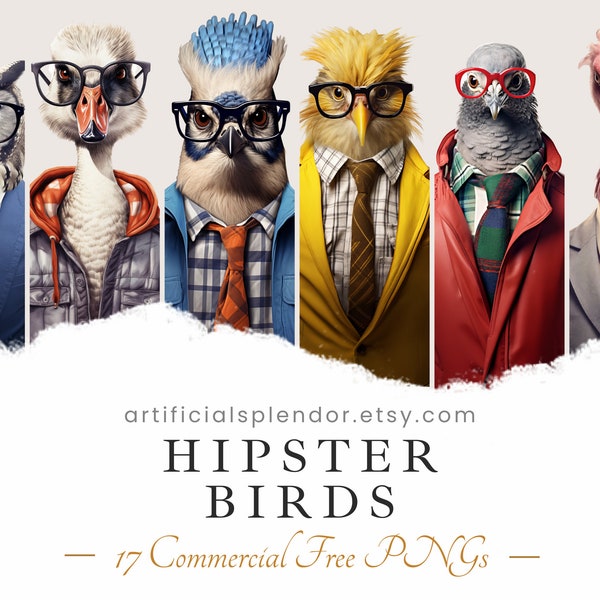 Hipster Bird Clipart Bundle, Digital Avian Art, Human Animal PNG, Animal Dressed as Person, Realistic Bird Art, Fancy Bird Wearing Glasses