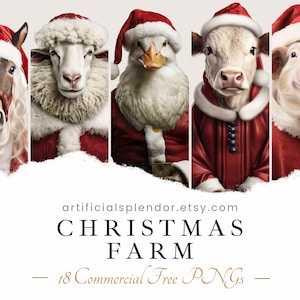 May include: Five farm animals wearing Santa hats and red suits. The animals are a horse, sheep, duck, cow, and pig. The image is titled "Christmas Farm - 18 Commercial Free PNGs".