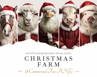 Christmas Farm Animal Clipart Bundle Christmas Animal Art Christmas PNG Digital Horse Dressed as Santa Sheep Realistic Cow Duck Pig Llama