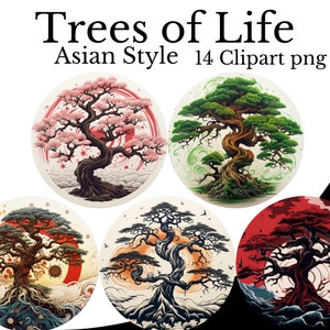 Tree of Life (Asian Style) Clipart Bundle, Watercolor PNG, Transparent Background, Bonsai Tree, Family Tree Element, Chinese Japanese Art