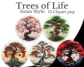 Drzewo Życia (Azjatycki Styl) Clipart Bundle, Akwarela PNG, Przezroczyste Tło, Bonsai Drzewo, Element Drzewa Genealogicznego, Chińsko-Japońska Sztuka