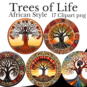 Bundle di clipart dell'albero della vita (stile africano), acquerello PNG, arte dell'albero della vita, sfondo trasparente, albero della vita PNG, albero genealogico tribale