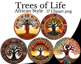 Tree of Life (African Style) Clipart Bundle, Watercolor PNG, Tree of Life Art, Transparent Background, Tree of Life PNG, Tribal Family Tree