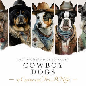 Cowboy Dog Clipart Bundle, Aquarelle Art, Human Animal PNG, Digital Canine Dressed as Person vintage Western Dog in Hat Portrait Painting