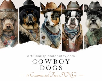 Cowboy Dog Clipart Bundle, Watercolor Art, Human Animal PNG, Digital Canine Dressed as Person Vintage Western Dog in Hat Portrait Painting