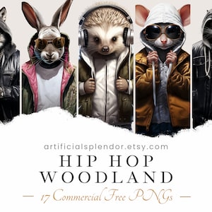 Hip Hop Woodland Animal Clipart Bundle Acuarela Bosque Animal Arte PNG Zorro Digital Vestido como Rapero Urbano Animal Realista Con Sudadera Con Capucha
