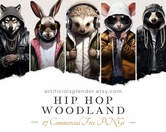 Hip Hop Woodland Animal Clipart Bundle Watercolor Forest Animal Art PNG Digital Fox Dressed as Urban Rapper Realistic Animal Wearing Hoodie