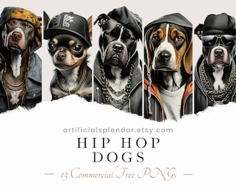 Zestaw clipartów hip-hopowych dla psów, sztuka akwarelowa, ludzkie zwierzę PNG, cyfrowy pies ubrany jak osoba realistyczny pies rap gangster pies noszący łańcuchy
