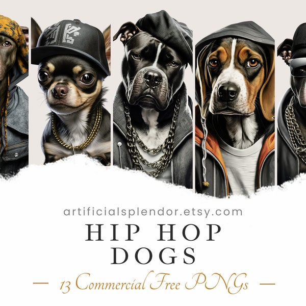 Paquete de imágenes prediseñadas de perros de hip hop, arte de acuarela, PNG de animales humanos, canino digital vestido como persona realista perro rap gángster perro con cadenas