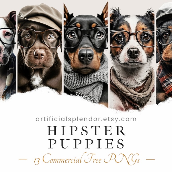 Hipster Puppy Clipart Bundle, Watercolor Art, Human Animal PNG, Digital Animal Dressed as Person Realistic Dog Art Fancy Dog Wearing Glasses