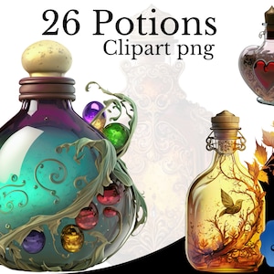Potion Clipart Bundle, aquarelle PNG, RPG article Art, fond Transparent, élément de bouteille de Potion, Magic Witch Love Potion Poison Fantasy