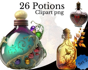 Paquete de imágenes prediseñadas de poción, PNG de acuarela, arte de artículo de rol, fondo transparente, elemento de botella de poción, fantasía de veneno de poción de amor de bruja mágica