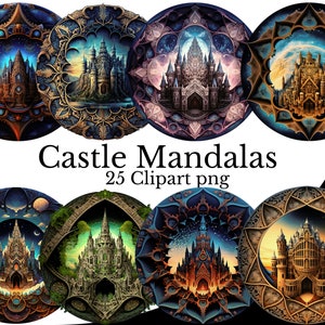 Château Mandala Clipart Bundle, aquarelle PNG, RPG article Art, fond Transparent, cadre fenêtre élément Design, Fantasy paysage vue