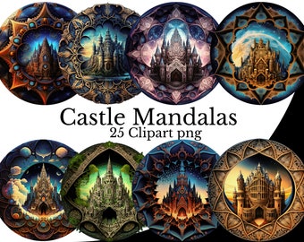 Castle Mandala Clipart Bundle, Watercolor PNG, RPG Item Art, Transparent Background, Frame Window Element Design, Fantasy Landscape View