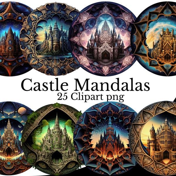 Castle Mandala Clipart Bundle, Watercolor PNG, RPG Item Art, Transparent Background, Frame Window Element Design, Fantasy Landscape View