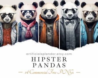 Watercolor Hipster Panda Clipart: Animal PNG Bundle (Digital Download)