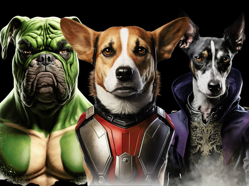 Superhero Dogs Clipart Bundle, Watercolor Art, Human Animal PNG, Digital Bulldog Dressed as Person Realistic Dog Super Hero Dog Wearing Cape image 9